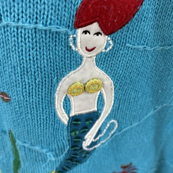 Quacker Factory Women's 3X  Blue Green Mermaids Embroidered Cardigan Sweater GUC - Picture 5 of 7